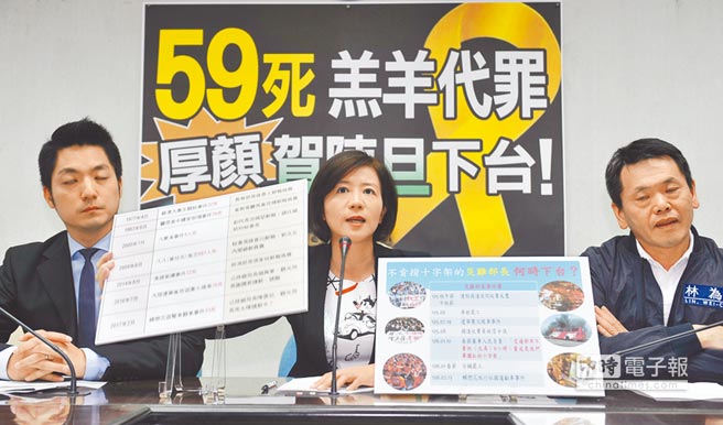 國民黨“立法院”黨團20日舉行記者會,書記長王育敏(中)呼吁賀陳旦負起政治責任,不要再玩棄車保帥、羔羊代罪的戲碼 國民黨“立法院”黨團20日舉行記者會,書記長王育敏(中)呼吁賀陳旦負起政治責任,不要再玩棄車保帥、羔羊代罪的戲碼