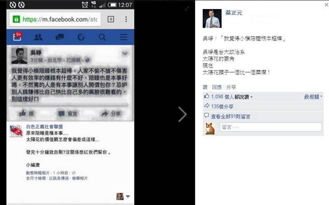 臺"太陽花學運"要角稱女星跨國賣淫"超棒"挨批糜爛 臺"太陽花學運"要角稱女星跨國賣淫"超棒"挨批糜爛