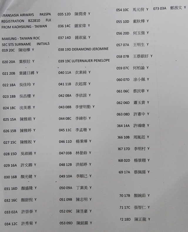 臺灣復興航空公布失事客機乘客名單 臺灣復興航空公布失事客機乘客名單