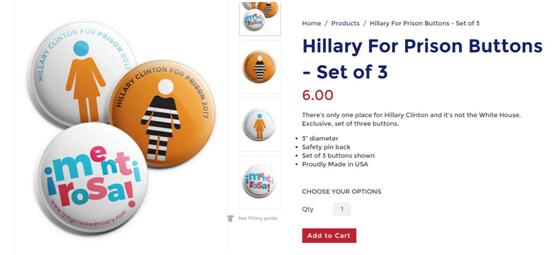 特朗普團隊開賣“希拉里進監獄”徽章 3個只賣6美金(圖)